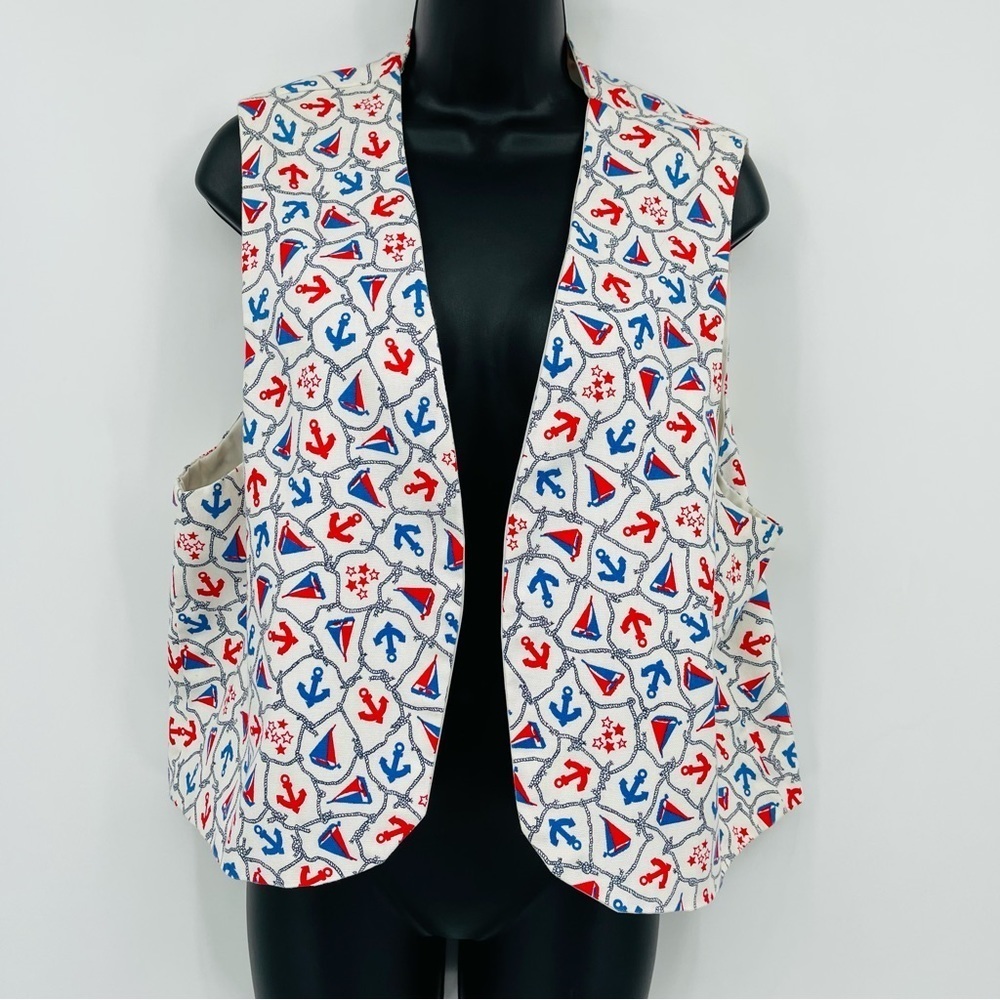 Handmade Nautical Print Vest Adult M/L Patriotic Sailboat Stars‎ Coastal Boating